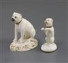 A rare Rockingham gilt and white porcelain figure of a begging pug and another of a seated pug, c.1826-30, 5.5cm and 6.5cm, former rest