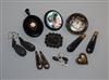 Four tortoiseshell pique items of jewellery (a.f.) including heart brooch and other jewellery including a mourning locket etc.         