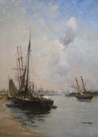 Charles Lapostolet (1824-1890) Boats moored on the river above Rouen 28.5 x 20.5in.                                                    