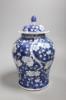 A 20th century Chinese blue and white jar and cover with prunus decoration, height 25cm                                                                                                                                     