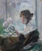 Sherree Valentine Daines (1959-), Interior with woman reading, oil on board, 22 x 18.5 cm.                                                                                                                                  