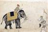 A late 17th century Mughal India gouache and ink gold and silver on paper drawing of an elephant with mahout and trainers, 4.25 x 6.5in