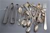 A collection of silver, continental white metal spoons including commemorative, two forks and three pairs of sugar tongs, etc.         