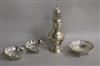 A silver sugar caster, a pair of pierced silver bon bon dishes and another pierced silver dish, approx 13oz gross                      