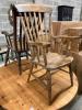 Two Windsor lathe back chairs and three modern chairs                                                                                                                                                                       