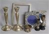 A pair of silver tapered candlesticks (weighted) and sundry items,                                                                     