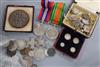 A collection of WWI and WWII General Service medals, costume jewellery and sundry coinage including a GV four coin maundy set 1922     