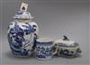 A Nanking blue and white tureen, a Chinese blue and white inverted pyriform vase and cover, Kangxi mark (a.f) and a blue and white mug 