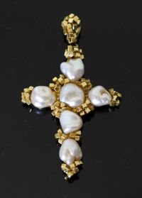 A 20th century continental 18ct gold and six stone baroque pearl set cross pendant,                                                    