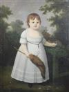 Early 19th century Portrait of a child, standing holding a foxtail, a silver rattle and dominos to hand 37 x 28in.                     