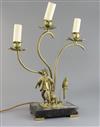 A gilt bronze and brass three light table lamp, modelled with a Chinese figure and parrot                                              