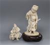 A Meiji carved ivory group of two children (damaged) on hardwood stand and a smaller group tallest 14cm incl. stand                    