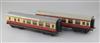 A pair of BR 1st class coaches, no's.9272 (Bassett Lowke) and 26233, in blood and custard                                              