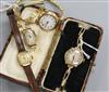 A lady's' 9ct gold wrist watch on expanding bracelet and three other lady's watches.                                                   