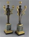 A pair of 19th century French bronze and ormolu three light candelabra, overall height 22in.                                           