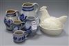 Five graduated Rheinish stoneware jugs and a hen on nest egg tureen and cover tallest 22cm                                             