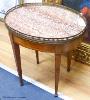 A Louis XVI style oval mahogany occasional table, marble top, 50 cm wide, 37.5 cm deep, 52 cm high                                                                                                                          