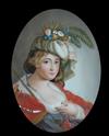 A 19th century English School reverse painted glass panel of a young lady representing Autumn 13.5 x 9.75in.                           