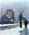 § Folmer Bendsten (Danish 1907-1993) Figure on a snowy street 21.5 x 18in.                                                             