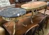 A circular gilt metal low coffee table with variegated marble top, diameter 62cm together with a larger faux marble coffee table                                                                                            