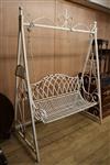 A white painted wrought iron garden swing seat W.160cm                                                                                 