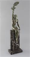 Pierre La Faguays. An Art Deco green patinated spelter figure, 'La Gloire', 24in.                                                      