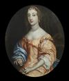 Manner of Sir Peter Lely (1618-1680) Portrait of a lady wearing a pearl necklace and silk dress oval, 28 x 24in.                       