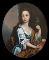 Early 18th century English School Portrait of a young lady with a parrot and peaches oval, 29 x 24in.                                  