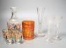 A pair of opaque twist cordial glasses with floral engraved bowls, 14cm and sundry glassware                                                                                                                                