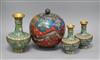 A cloisonne bowl and cover, a baluster vase and a pair of smaller baluster vases,                                                      