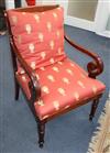 A set of six 19th century North European carved mahogany dining chairs (two with arms) and a pair of matching cushions                 