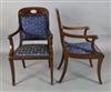 A pair of 19th century French Empire style ebony strung mahogany elbow chairs, W.1ft 10in. H.3ft 1in.                                  