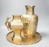 Two early 20th century Chinese bronze vases and tray, 35cm diam.                                                                                                                                                            