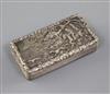 A George IV silver rectangular snuff box, the lid decorated in relief with a hunting scene, 72mm.                                      