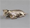 An Edwardian novelty silver snuff box modelled as a recumbent cow, 7cm.                                                                