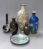 Five Japanese cloisonné vases and a dish, Meiji peiod, tallest 30cm                                                                                                                                                         