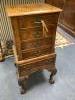 An 18th century style figural walnut small chest with five drawers, width 36cm, depth 30cm, height 72cm                                                                                                                     