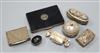 A 1920's silver, black onyx and marcasite set case, a repousse silver box and four assorted modern silver boxes.                       