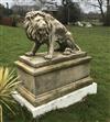 A pair of large reconstituted stone models of snarling lions sejant, H 183cms with plinths, H152cms without plinths, L146cms, W 78cm   