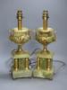 A pair of green onyx and gilt metal twin-handled pedestal urn table lamps, height 37cm                                                                                                                                      