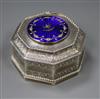 A George V embossed silver and enamel octagonal casket, by S. Blanckensee & Sons Ltd, Chester, 1930, gross 11.5 oz.                    