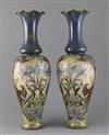 Eliza Simmance for Doulton Lambeth, a pair of tall Art Nouveau baluster vases, c.1895, 43.5cm, one with hairline to rim                