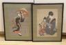 Utamaro (1753-1806), two woodblock prints, Woman with boy wearing a mask and Woman in a rain storm, 36 x 24cm                                                                                                               