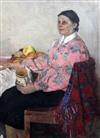 20th century Russian School Woman seated at a table 34.5 x 25.5in., unframed                                                           