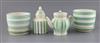 Two Wedgwood Queensware green banded cache pots and stands, a Leeds creamware teapot and cover and similar tea caddy and cover, all lat