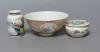 A Chinese bowl, diameter 13cm, a miniature vase and a lidded pot, Qing/Republic period                                                                                                                                      