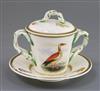 A rare Rockingham porcelain ornithological cup, cover and stand, c.1826-30, H. 14cm, faults                                            