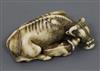 A fine Japanese ivory netsuke of an ox and calf, signed Tomotada, Kyoto School, c.1760-80, L. 6cm                                      