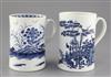 A Worcester Rock Strata Island pattern blue and white mug, and a plantation print pattern blue and white mug                           