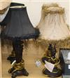 A pair of small table lamps with black shades                                                                                          
